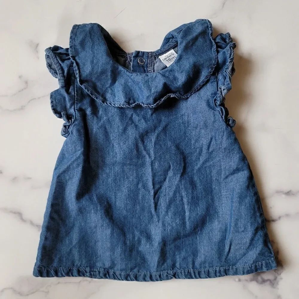 Carters 18 month cotton blue chambray denim top collared ruffle short sleeve